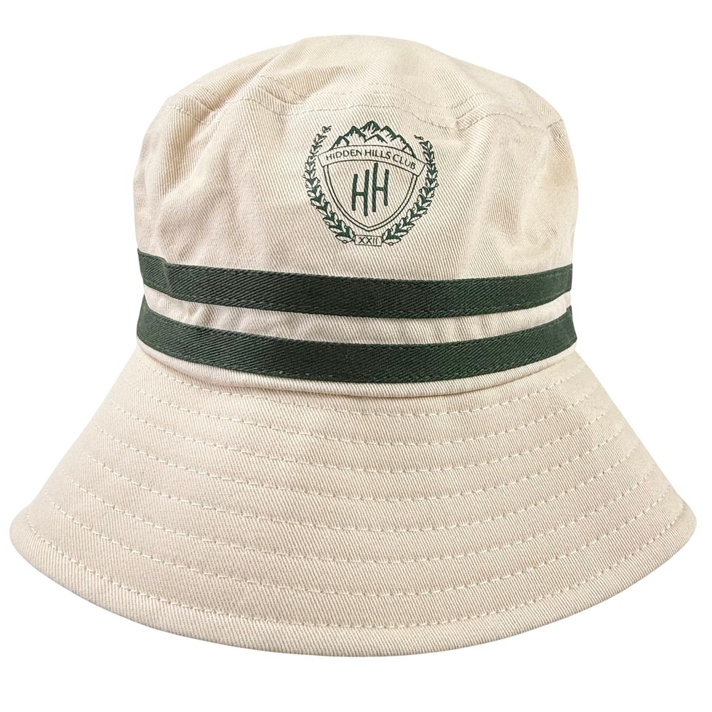 Hidden Hills Club Beige Cotton Bucket Hat Green Embroidered Crest Logo Striped